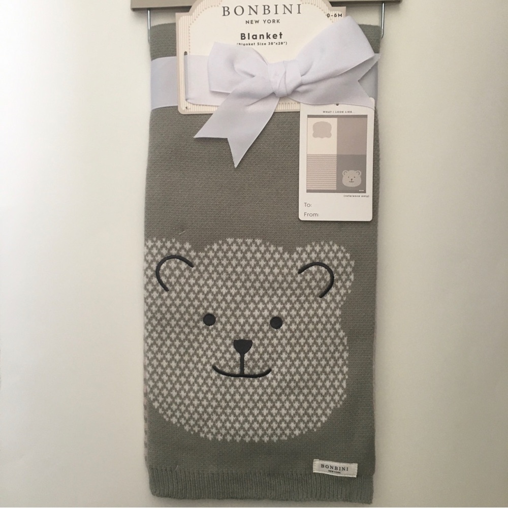 NEW Baby Blanket Bonbini Green Knit Bear and Chevron Pattern | Stepping Stones